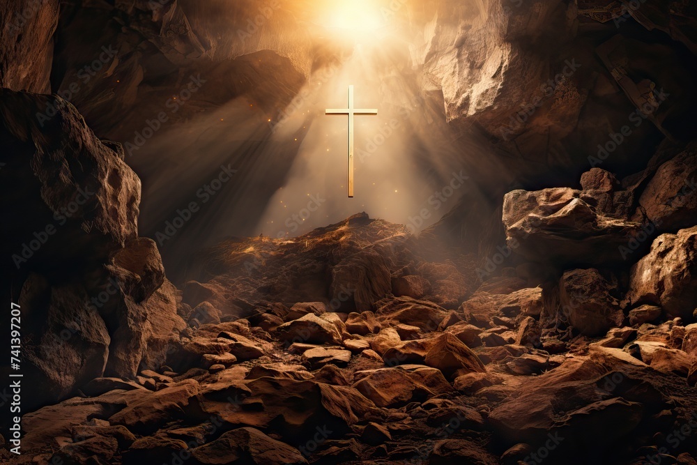Wooden cross in sunlight in dark cave. Crucifixion and resurrection. Cross symbol for Jesus Christ is risen. Religion and Easter concept - obrazy, fototapety, plakaty 