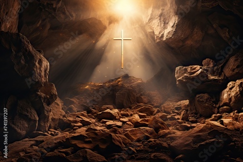 Wooden cross in sunlight in dark cave. Crucifixion and resurrection. Cross symbol for Jesus Christ is risen. Religion and Easter concept photo