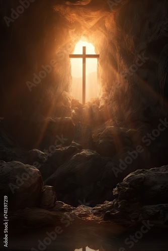 Wooden cross in sunlight in dark cave. Crucifixion and resurrection. Cross symbol for Jesus Christ is risen. Religion and Easter concept