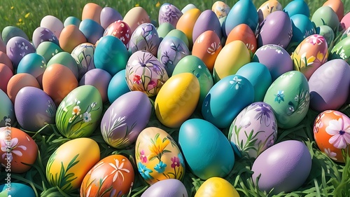 Colorful hand painted Easter eggs on grass. Banner, panoramic photo