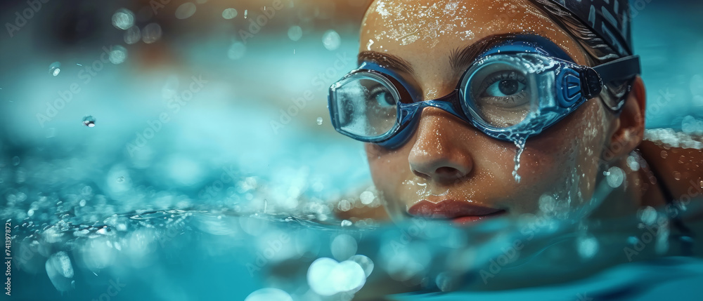 Young Swimmer Underwater, Focused on Her Technique During Training at a Local Swimming Pool in the Afternoon Light. Generative AI Young Swimmer Underwater, Focused on Her Technique During Training at a Local Swimming Pool in the Afternoon Light. Generative AI