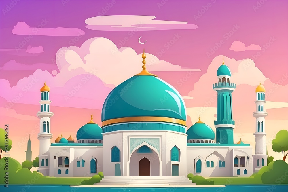 AI generated cartoon illustration of mosque Ramadan celebration Islamic greeting card background