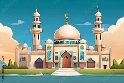 Ramadan islamic mosque cartoon illustration greeting card background AI generated