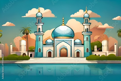 AI generated cartoon illustration of Islamic mosque Ramadan background