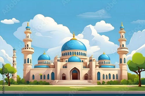 Ramadan islamic mosque cartoon illustration greeting card background AI generated