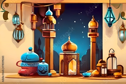 Islamic background illustration Ramadan breaking the fast greeting card AI generated