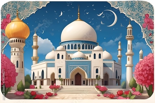 AI generated cartoon illustration of Ramadan Islamic mosque greeting card background