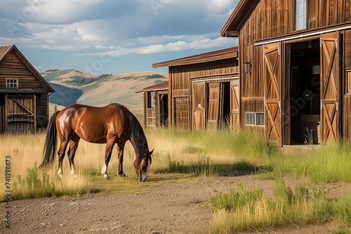 horse grazing near a wooden ranch house with stable doors