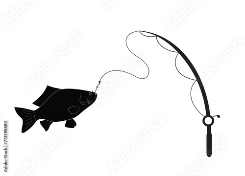 Flat black icon of fishing rods and fish on the hook, catch, hobby, sport, passion. Fishing and recreation.