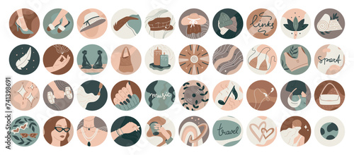 A set of isolated highlight cover templates for social media. Vector women fashion and lifestyle round stickers, flat style.