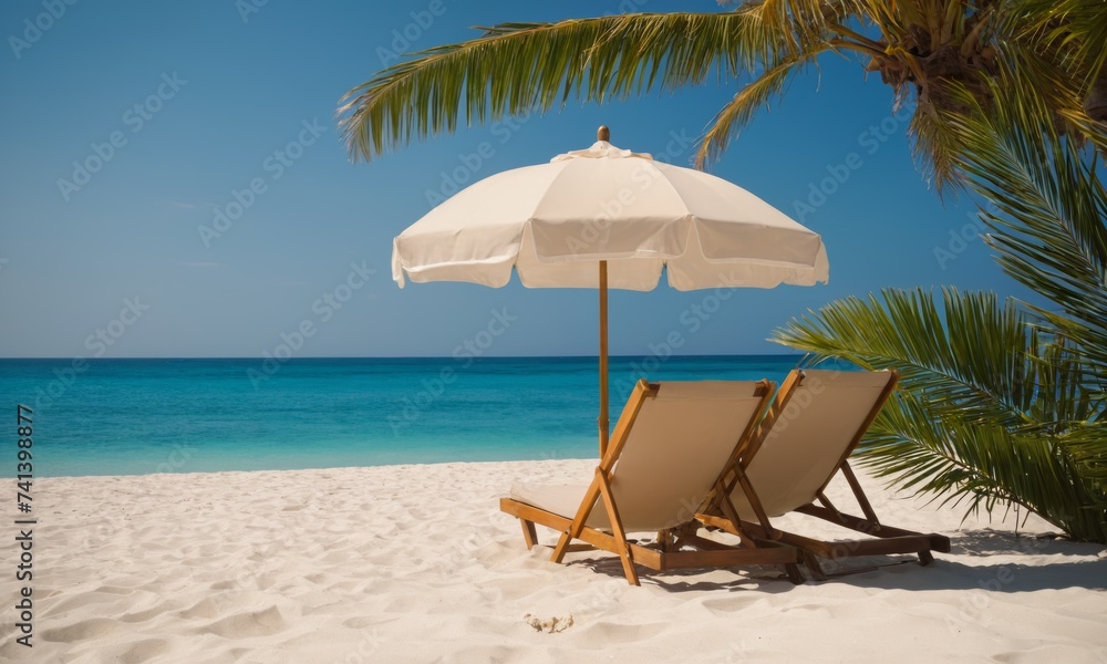 Sun loungers with an umbrella overlooking the sea, tropical beach.