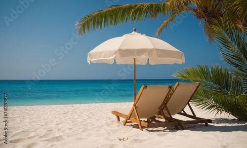 Sun loungers with an umbrella overlooking the sea, tropical beach. © Andrey