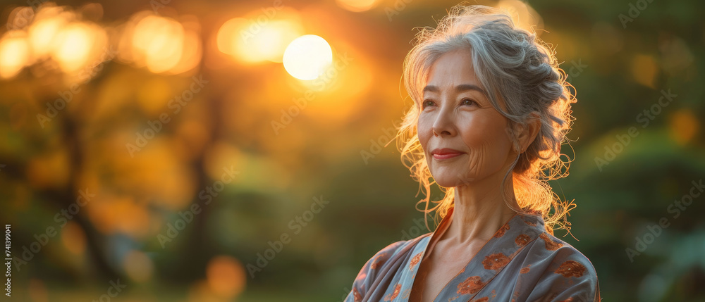 A Serene Afternoon With an Elderly Woman Enjoying the Sunset in a Tranquil Garden, Surrounded by Lush Greenery and Warm Light. Generative AI A Serene Afternoon With an Elderly Woman Enjoying the Sunset in a Tranquil Garden, Surrounded by Lush Greenery and Warm Light. Generative AI
