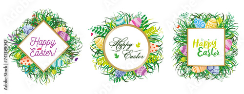 Easter borders decorated with herbs, flowers and Easter eggs. Frames with Easter eggs, twigs, daisies and birds. Happy Easter. Vector drawing.