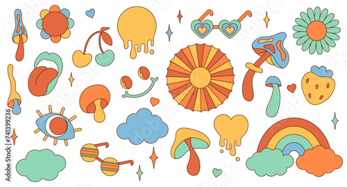 Trendy comic groovy sticker set. Retro icons. Set of vintage groovy elements for poster of sticker design. Hippie 70s style, psychedelic mushroom, flowers, berries. Vintage vector illustration