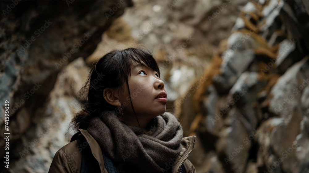 Japanese female tourist looking around in a limestone cave, close-up Japanese female tourist looking around in a limestone cave, close-up
