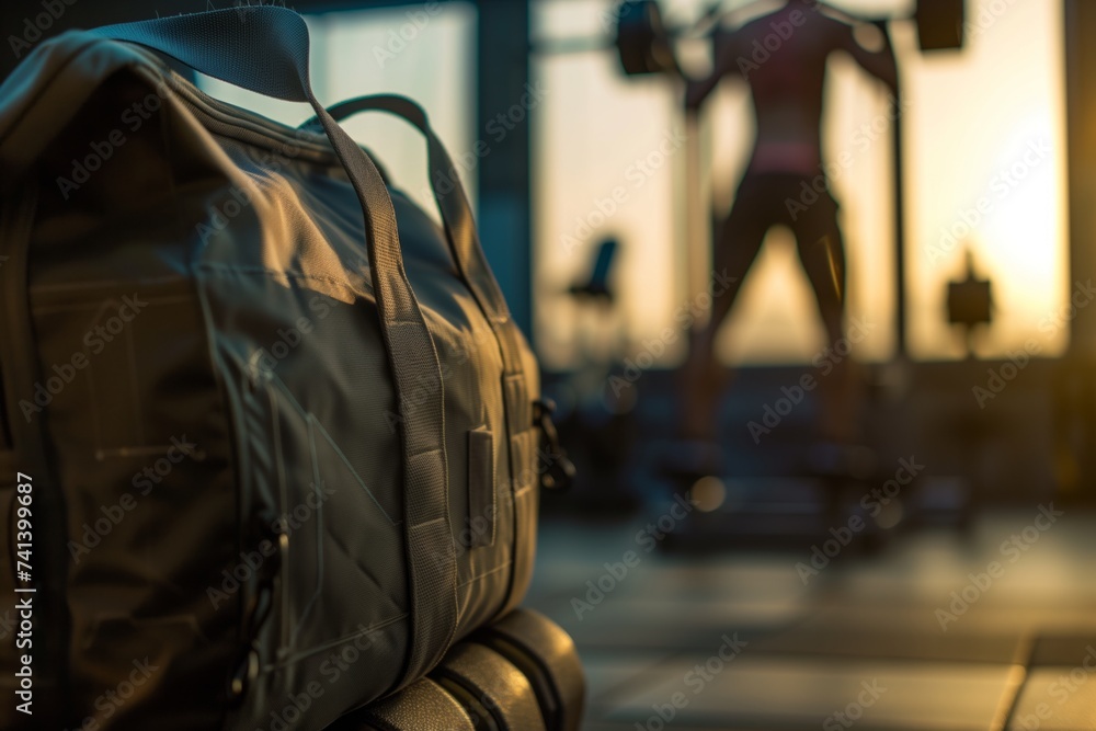 sports bag in foreground with blurred person lifting weights behind - obrazy, fototapety, plakaty 