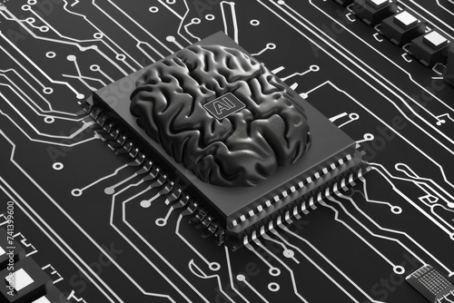 AI Brain Chip data insight. Artificial Intelligence neon mind neural network axon. Semiconductor continuous deployment circuit board bioelectronic medicine photo