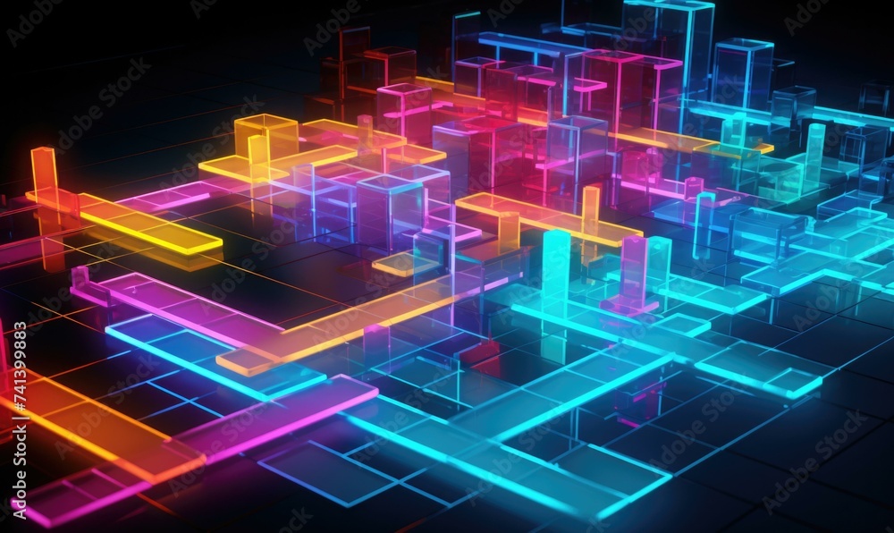 Obraz premium A 3d rendering of a city with neon lights. Generative AI.