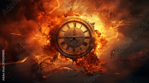 Flaming old-fashioned clock. Concept of countdown, time slipping away, emergency situation, and fiery deadline.
