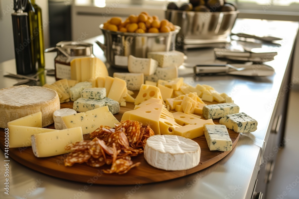 arranging a cheese platter on steel kitchen island arranging a cheese platter on steel kitchen island