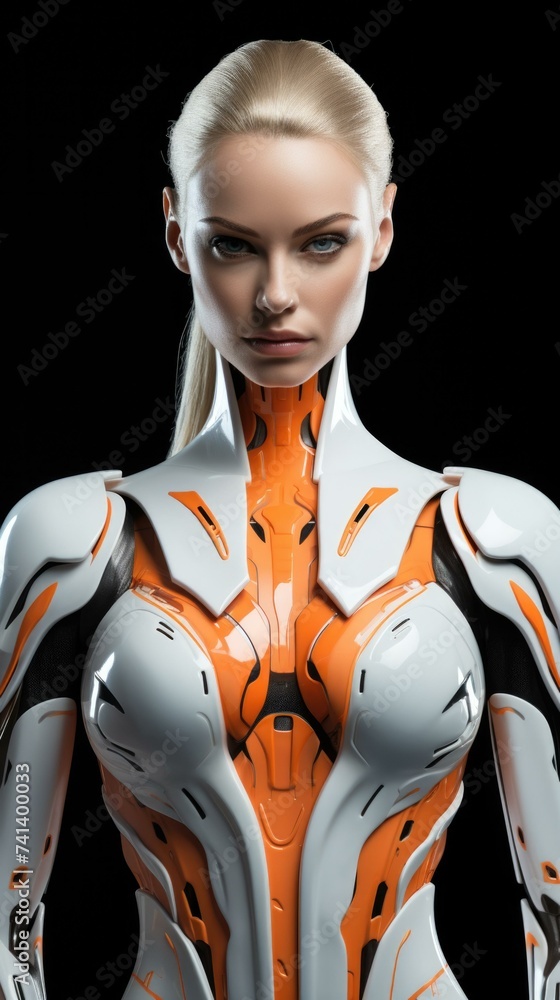 A female robot in orange and white. Generative AI. A female robot in orange and white. Generative AI.