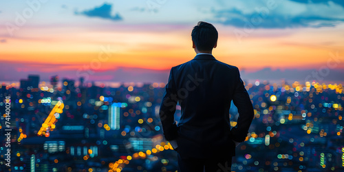 Rear view of a man in a suit looking out over the city at dusk