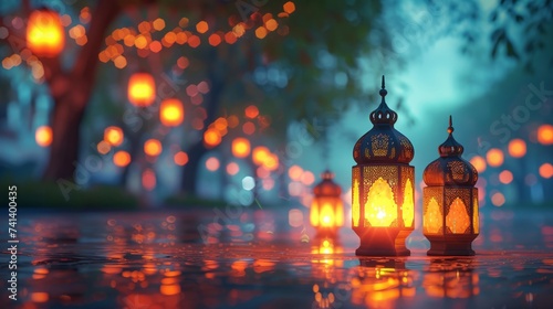 3D lanterns glowing softly during Ramadan night © vectorizer88