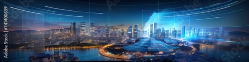 A rising stock trend projected on a curved screen against a futuristic, technologically advanced city.