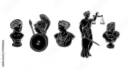 Black linocut sculptures of ancient Rome empire photo