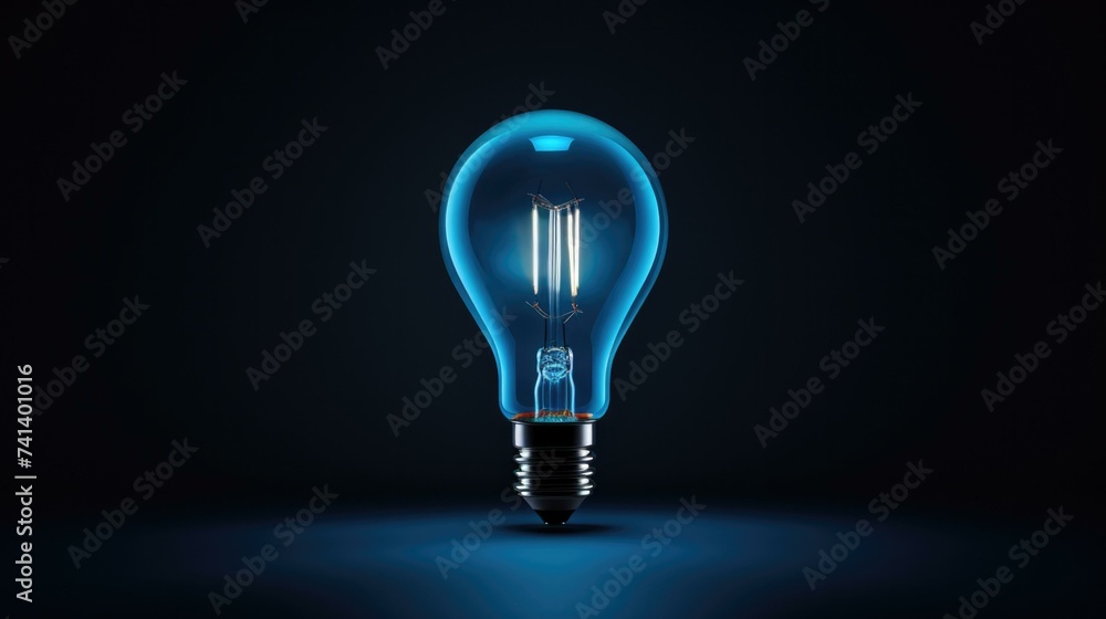 A blue light bulb is shown in the dark. Generative AI. A blue light bulb is shown in the dark. Generative AI.