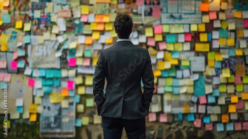 Man in executive position looking over project ideas on a sticky note board. Generative Ai.