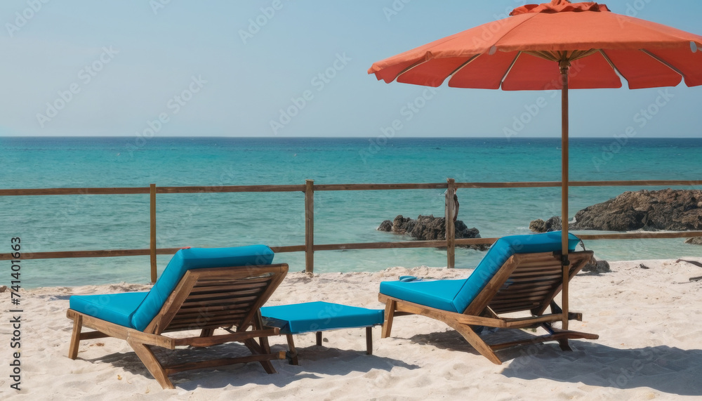 Sun loungers with an umbrella overlooking the sea, tropical beach.