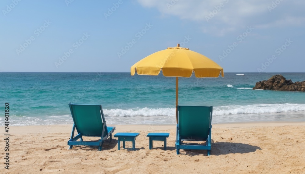 Sun loungers with an umbrella overlooking the sea, tropical beach. Sun loungers with an umbrella overlooking the sea, tropical beach.