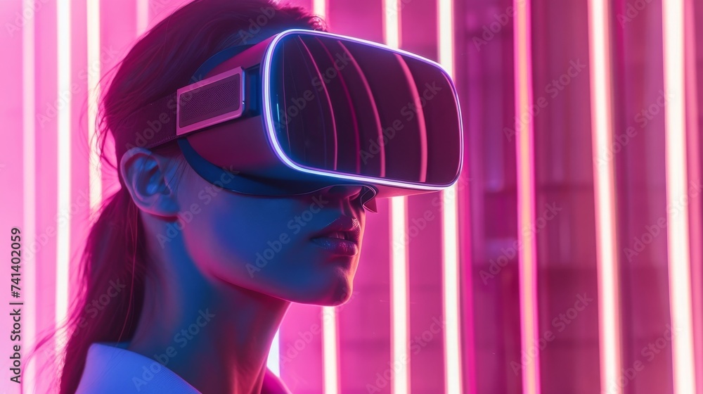 Woman wearing virtual reality glasses on futuristic neon background Woman wearing virtual reality glasses on futuristic neon background