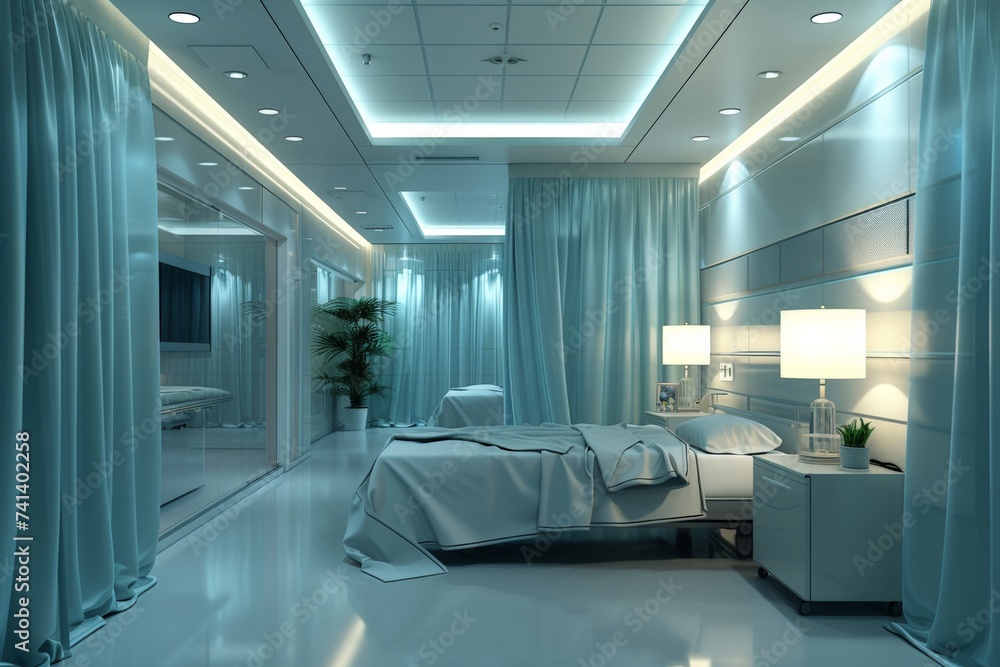 Hospital room interior with blue drapes and white bedding in 3d ...