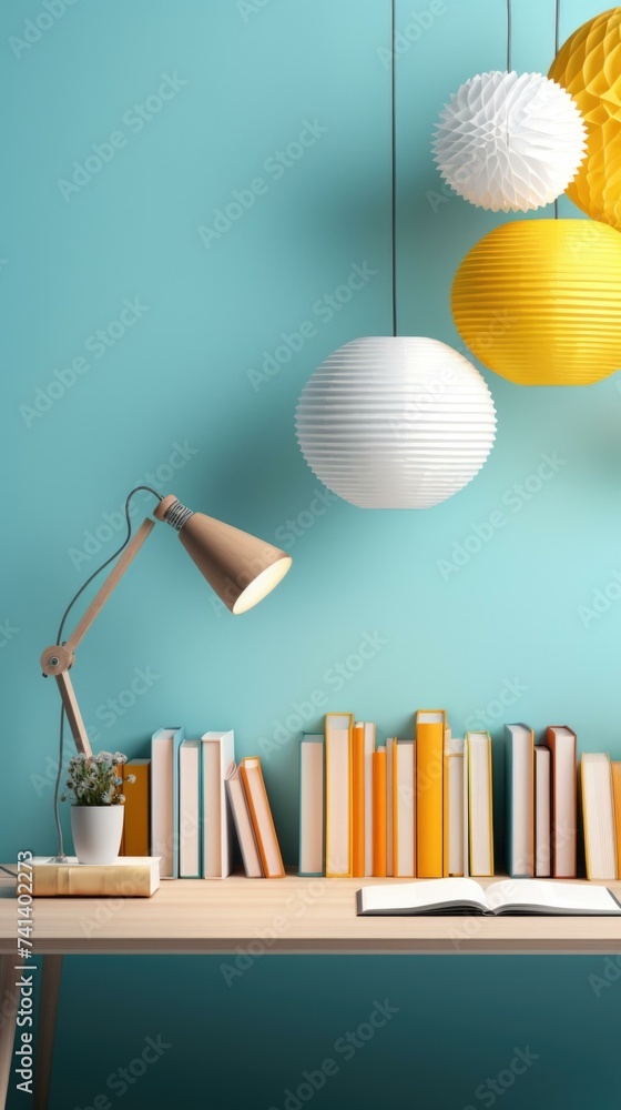 A desk with books and a lamp. Generative AI. A desk with books and a lamp. Generative AI.
