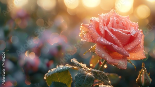 Fresh morning in a rose garden, petals covered with water droplets photo