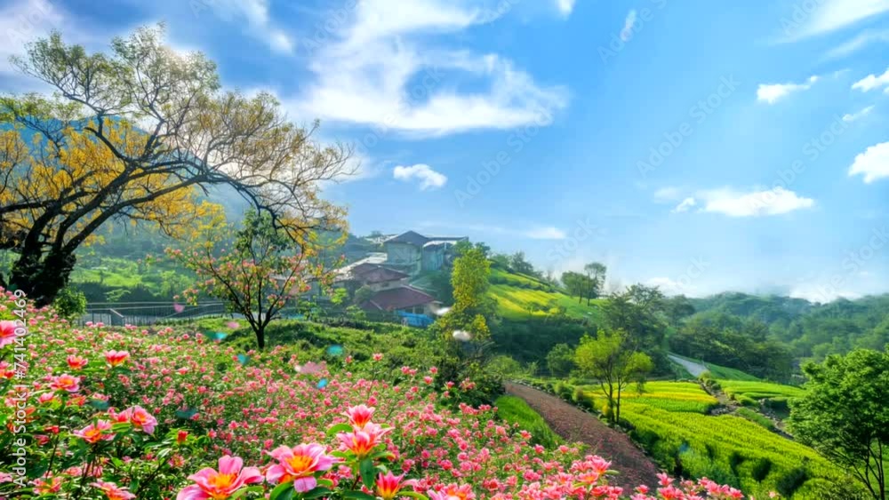 Spring landscape on a green hill Colorful flowers flying butterflies ...