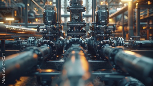 Complex network of pipes and valves in an industrial power plant photo