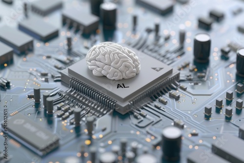 AI Brain Chip computer aided detection. Artificial Intelligence digital health mind non ecc ram axon. Semiconductor neural chip implant circuit board diodes photo