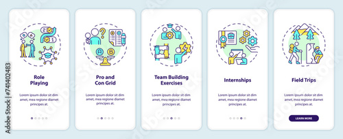 Experiential learning activity onboarding mobile app screen. Education walkthrough 5 steps editable graphic instructions with linear concepts. UI, UX, GUI template. Myriad Pro-Bold, Regular fonts used