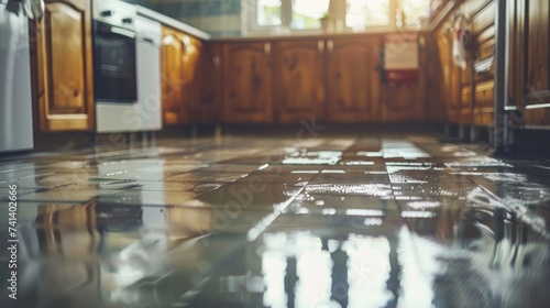Kitchen floor flooded due to a water leak. Generative Ai. photo