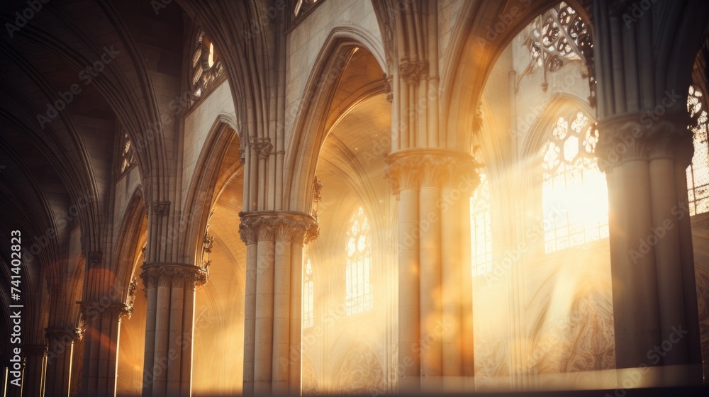 Sunlight shining through the windows of a cathedral. Generative AI.