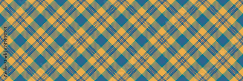 Square check seamless background, proud plaid textile tartan. Ornament fabric vector texture pattern in cyan and amber colors.
