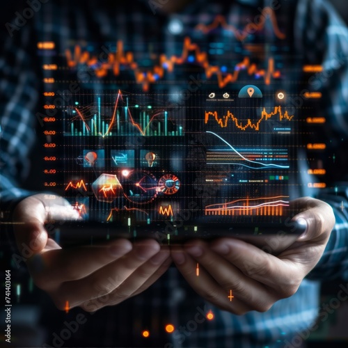 Businessman Analyzing Interactive Holographic Stock Market Charts