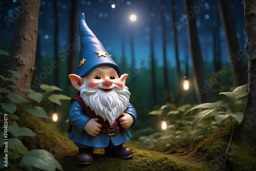 Smiling gnome, soft beard barely a fuzz, wearing a tiny pointed hat, under a starlit sky