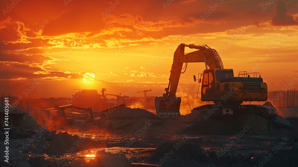 Heavy machinery at a construction site highlighted by the setting or rising sun