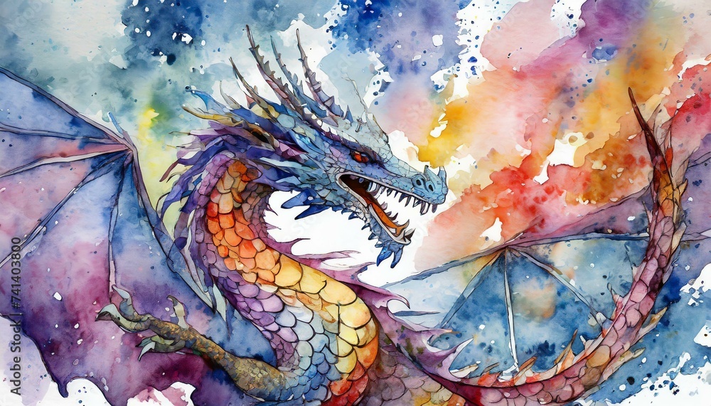 Mystical Watercolor Dragon: A Vibrant Fantasy Design