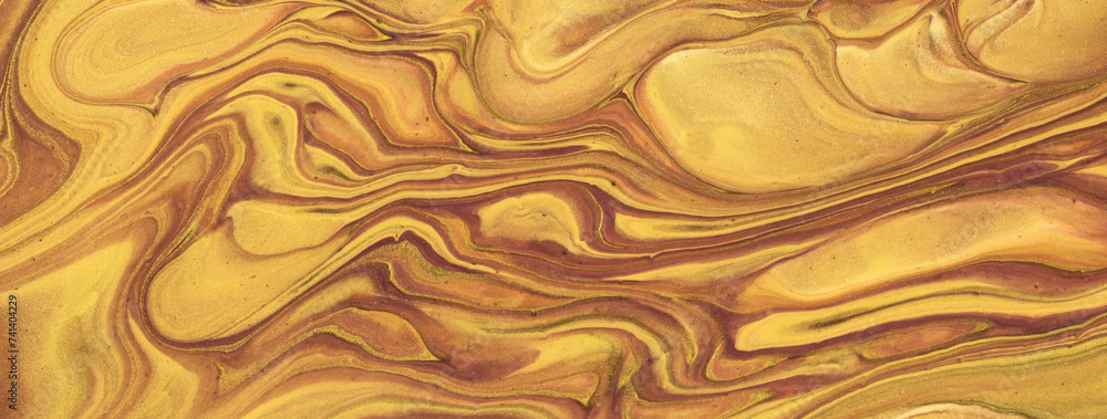 Fototapeta premium Abstract fluid art background golden and bronze colors. Liquid marble. Acrylic painting with yellow gradient.